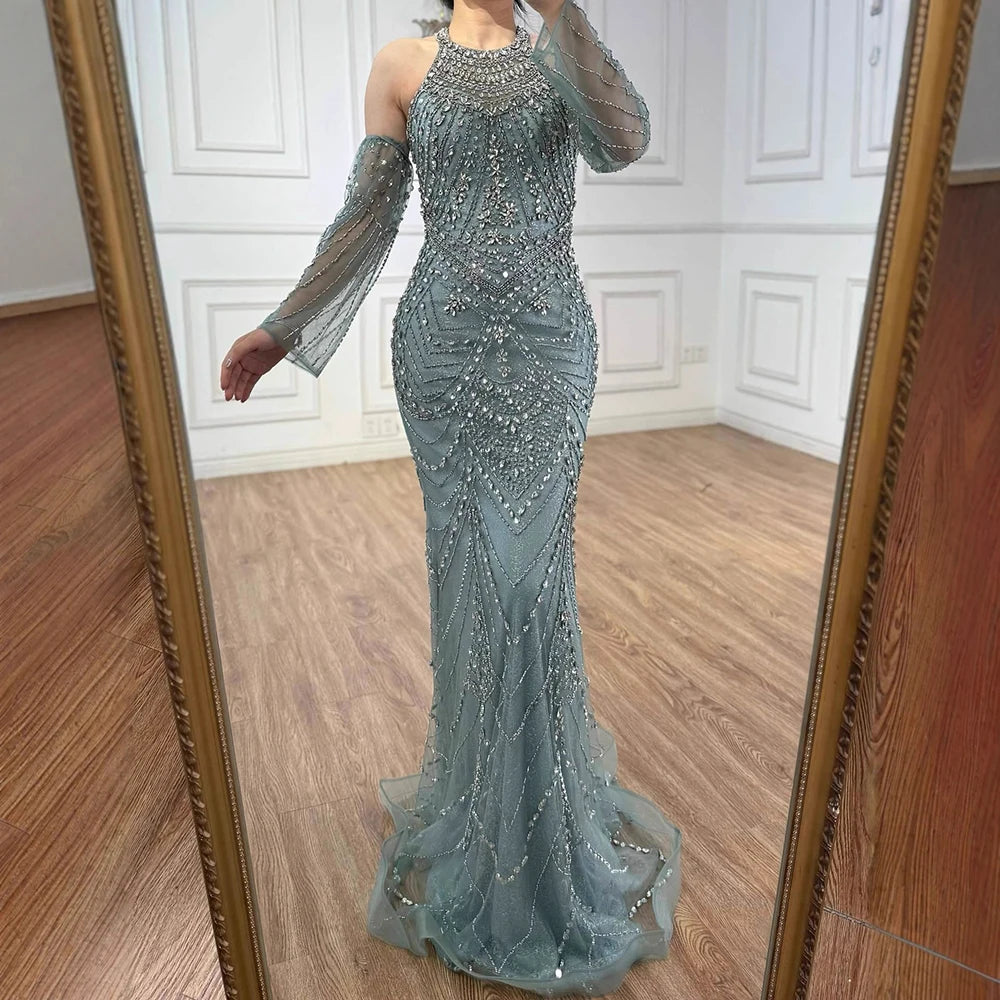 Luxury Turquoise Mermaid Evening Dress Detachable Sleeves LA72925