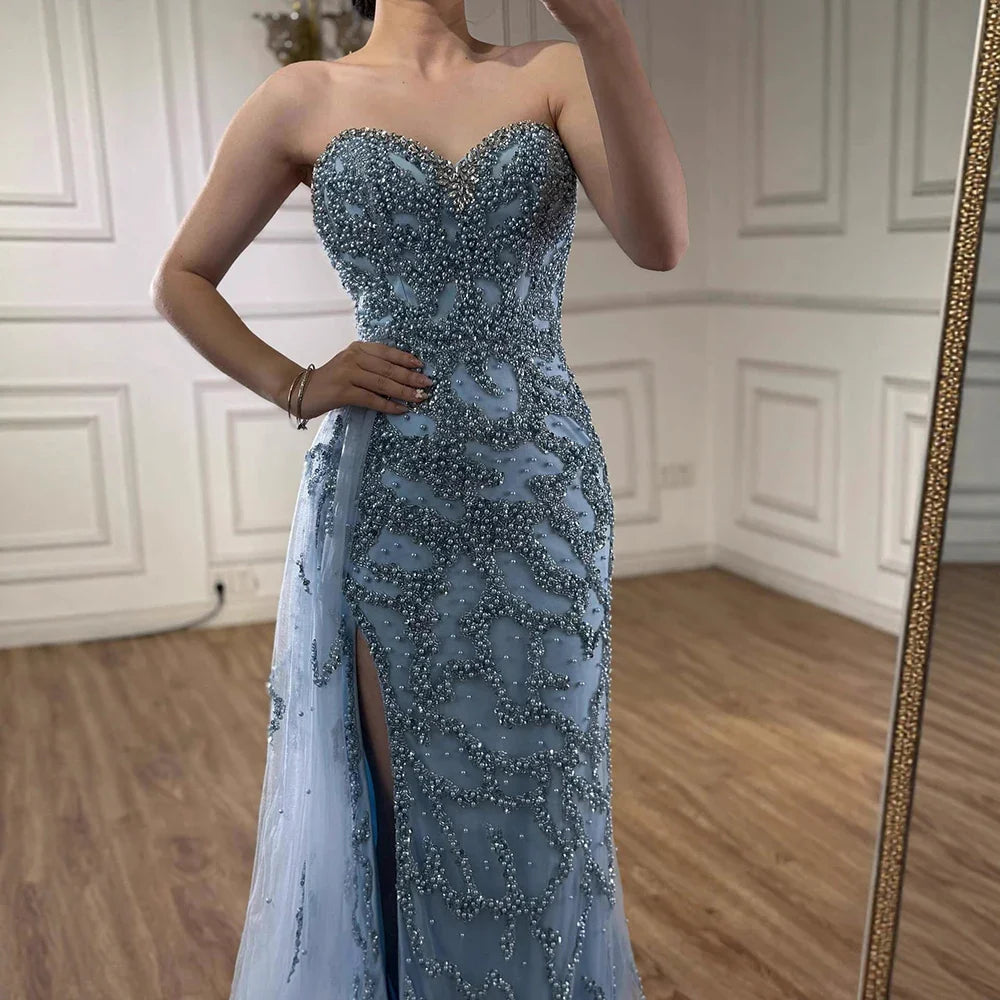 Luxury Saudi Arabic Blue Beaded Evening Dress with Slit LA72877