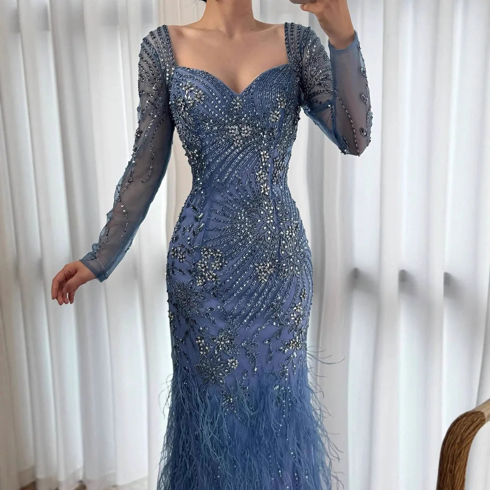 Arabic Blue Feather Beaded Mermaid Evening Dress for Women LA71818