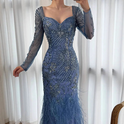 Arabic Blue Feather Beaded Mermaid Evening Dress for Women LA71818