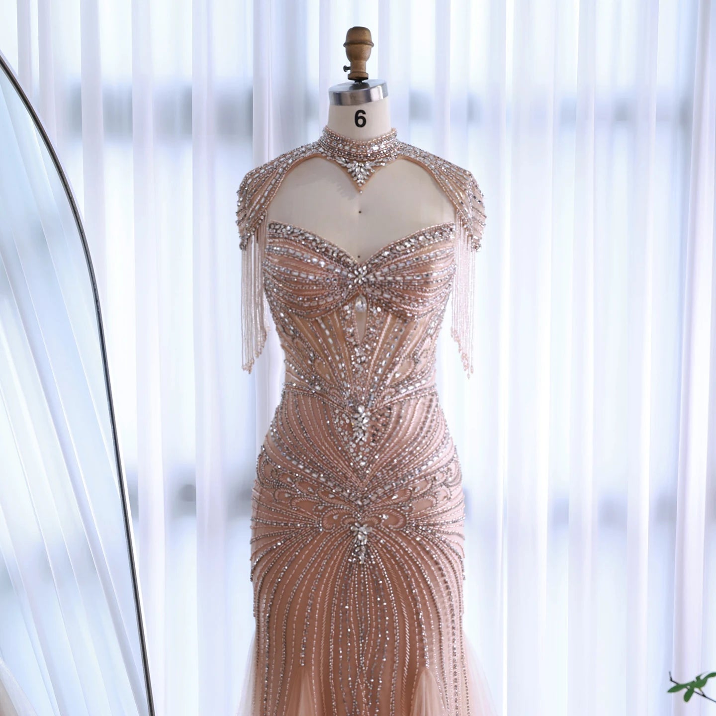 Luxury Dubai Beaded Blue Pink Evening Dress with Tassel Cape LA72897B