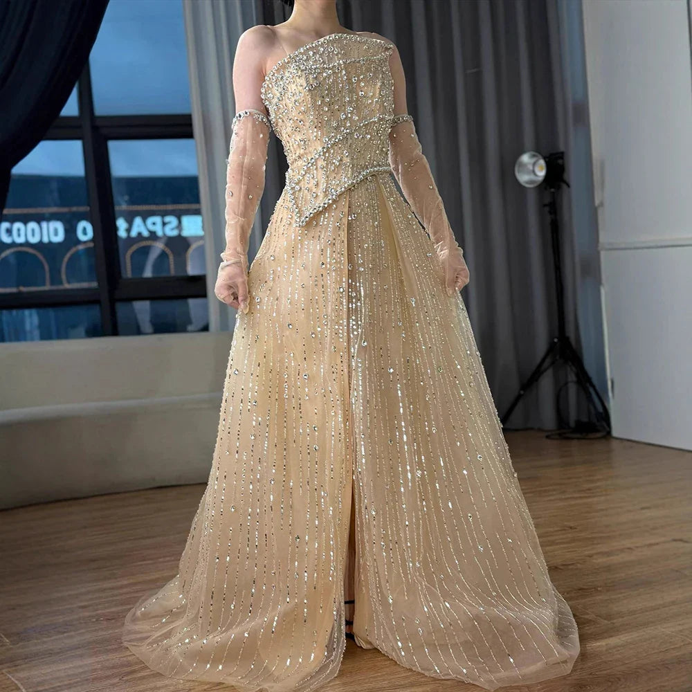 Luxury Nude Crystal Beaded A-Line Evening Dress with Split LA72949