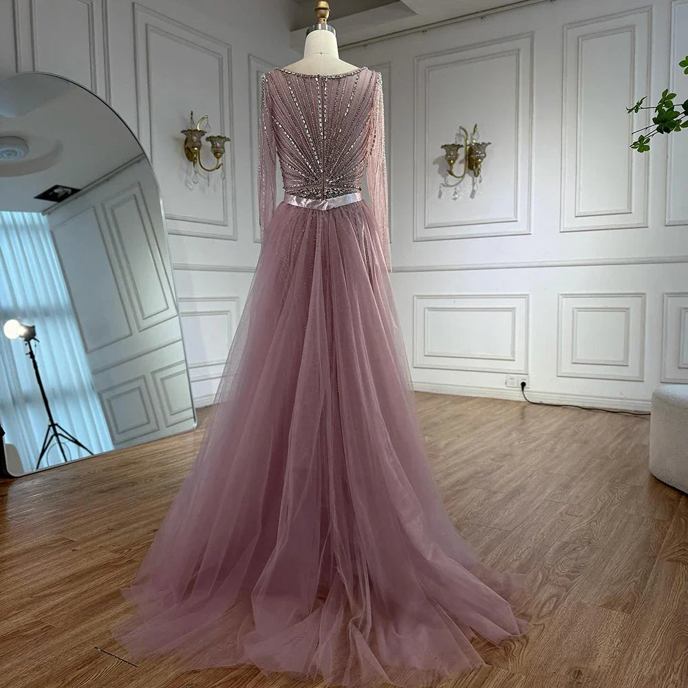 Luxury Nude Beaded Evening Dress with Detachable Overskirt LA73156
