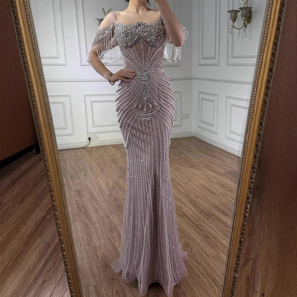 Luxury Sage Green Pearls Beaded Mermaid Evening Dress Off Shoulder LA73148