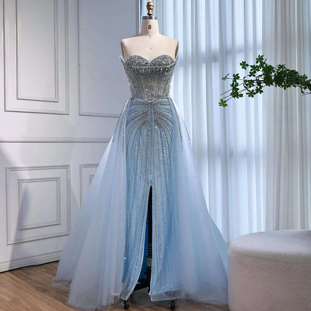 Luxury Dubai Nude Beaded Mermaid Evening Dress with Overskirt LA72811