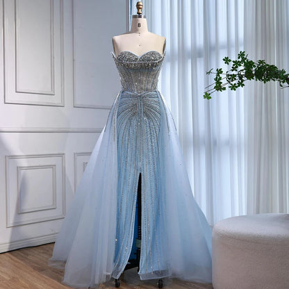 Luxury Dubai Nude Beaded Mermaid Evening Dress with Overskirt LA72811