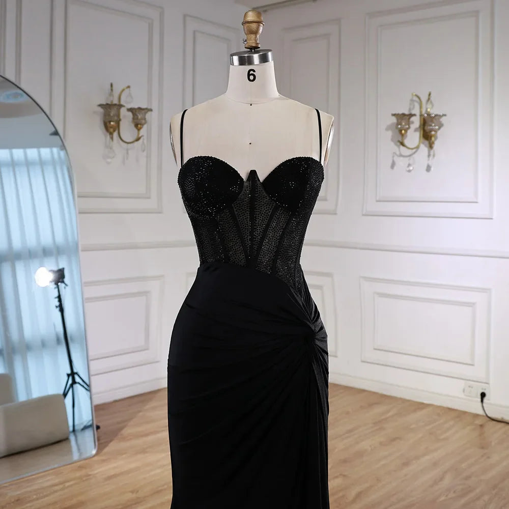 Luxury Black Beaded Mermaid Prom Dress with Spaghetti Straps LA73039