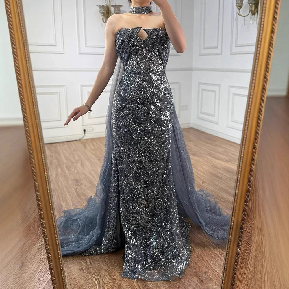 Luxury Gray Beaded Evening Dress with Long Cape LA73159