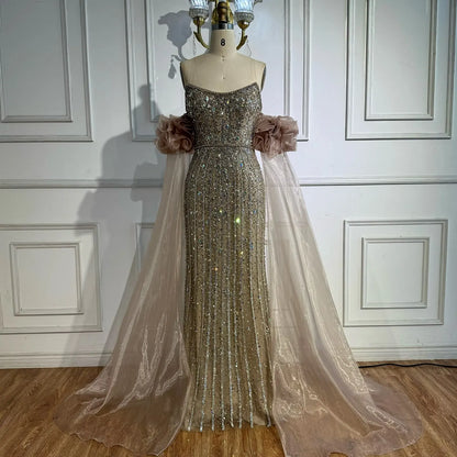 Arabic Pink Beaded Mermaid Evening Dress Puff Sleeves LA72569