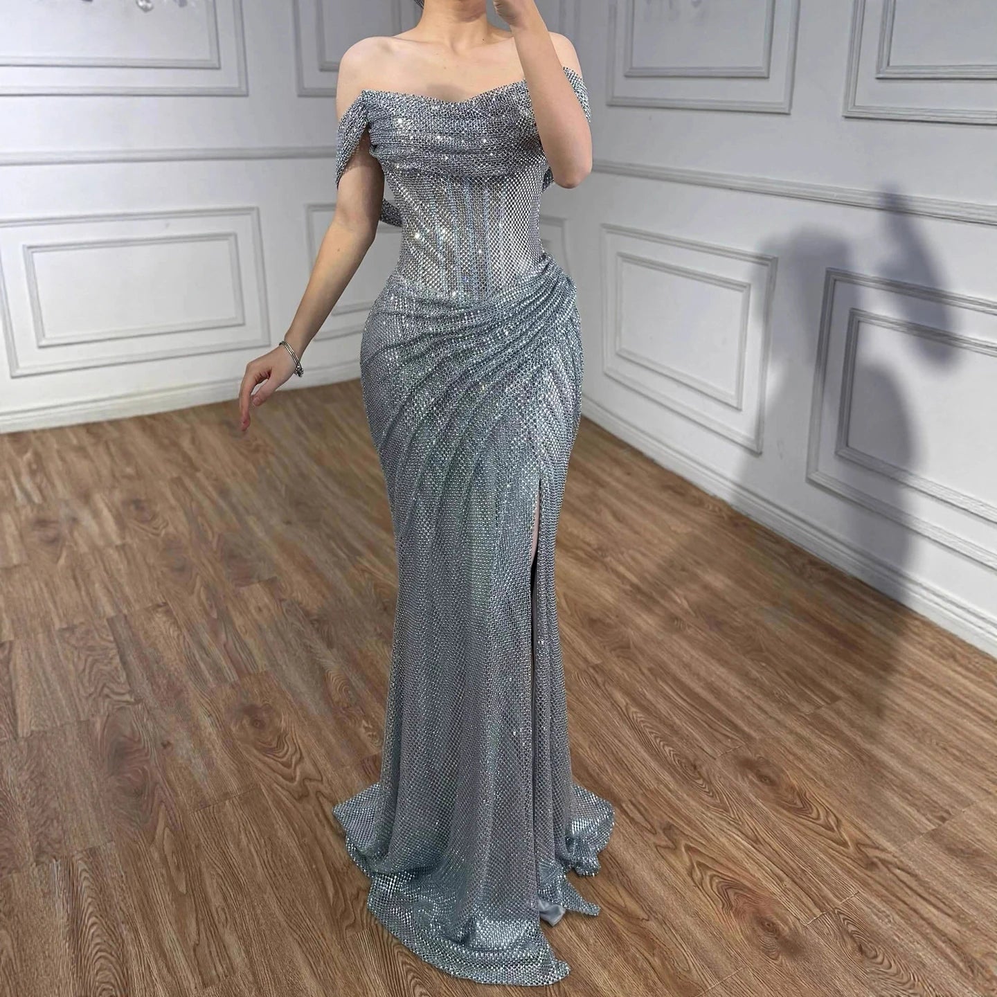 Luxury Silver Diamond Corset Off Shoulder Mermaid Evening Dress LA73410