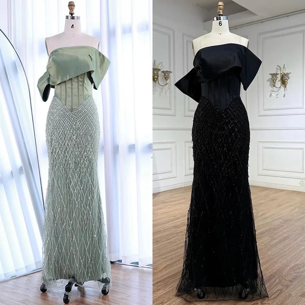 Sage Green Off Shoulder Tassel Beaded Mermaid Evening Dress LA73037