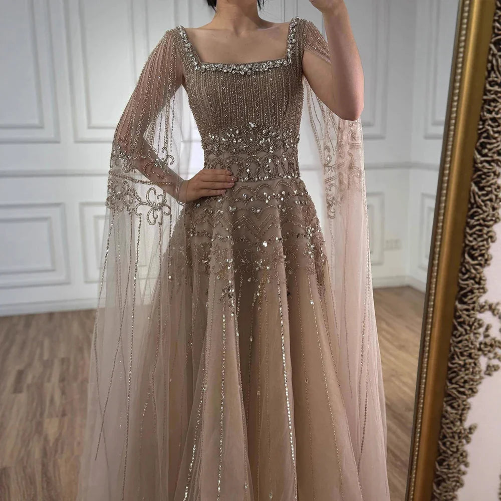 Luxury Caramel A-Line Beaded Evening Dress with Cape Sleeves LA73089A