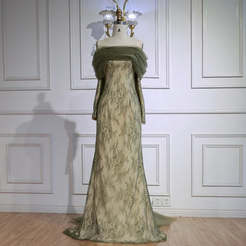 Elegant Olive Green Evening Dress with Lace Sleeves LA72942