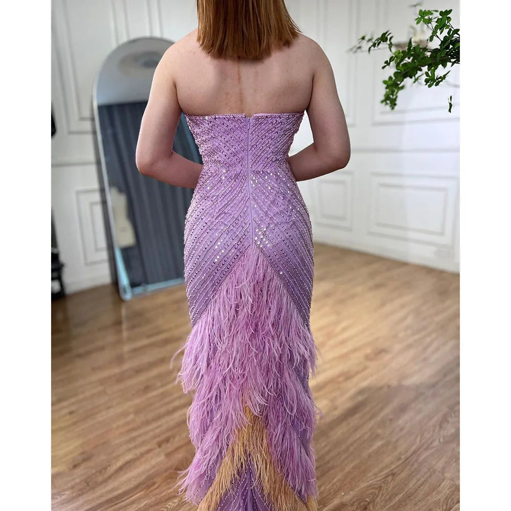 Lilac Feather Halter Mermaid Luxury Dubai Evening Dress LA72056