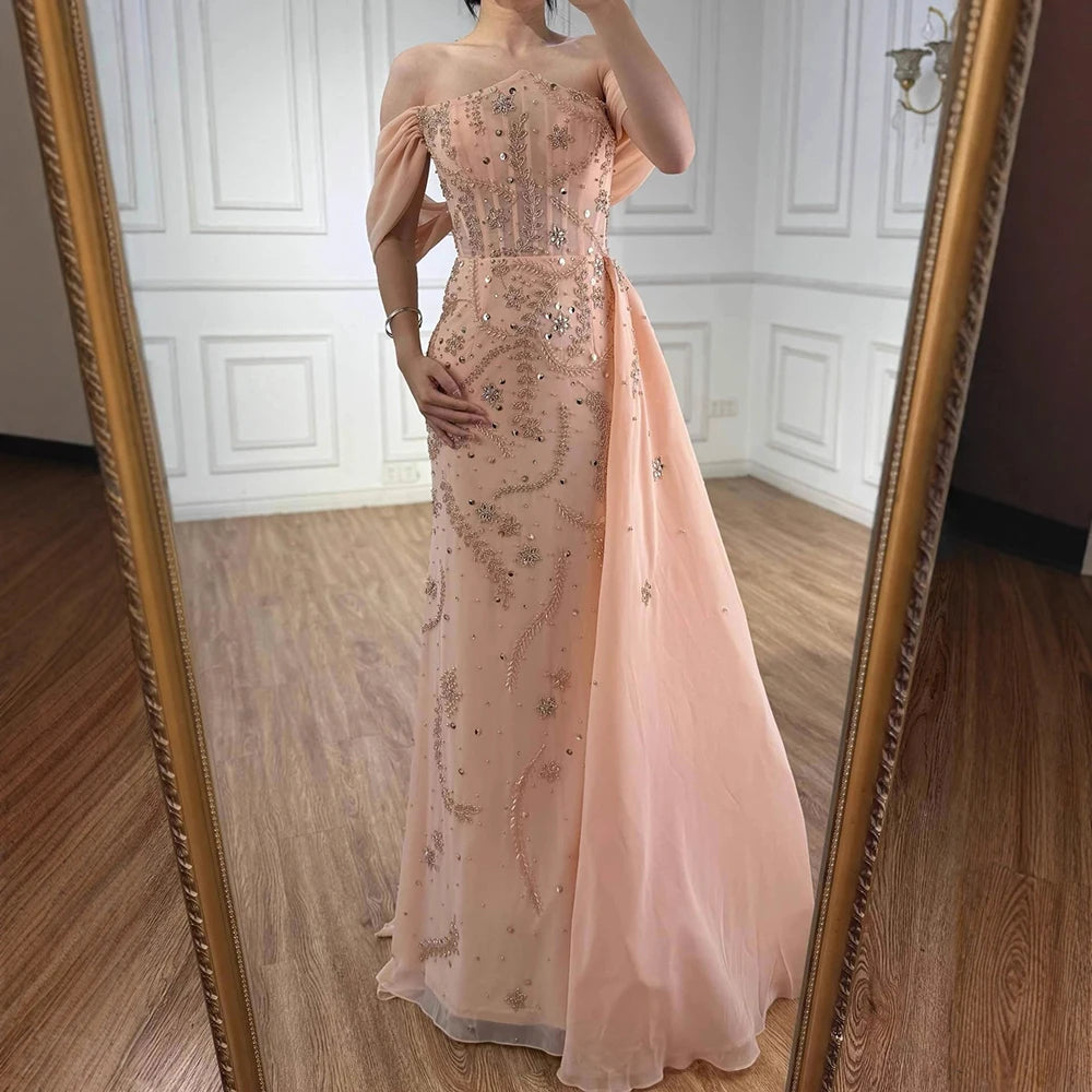 Luxury Nude Off Shoulder Pearl Beaded Mermaid Evening Dress with Overskirt LA73109