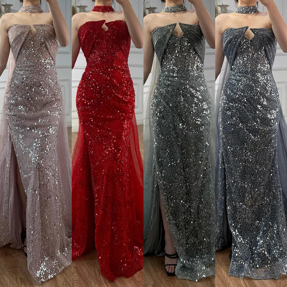 Luxury Gray Beaded Evening Dress with Long Cape LA73159