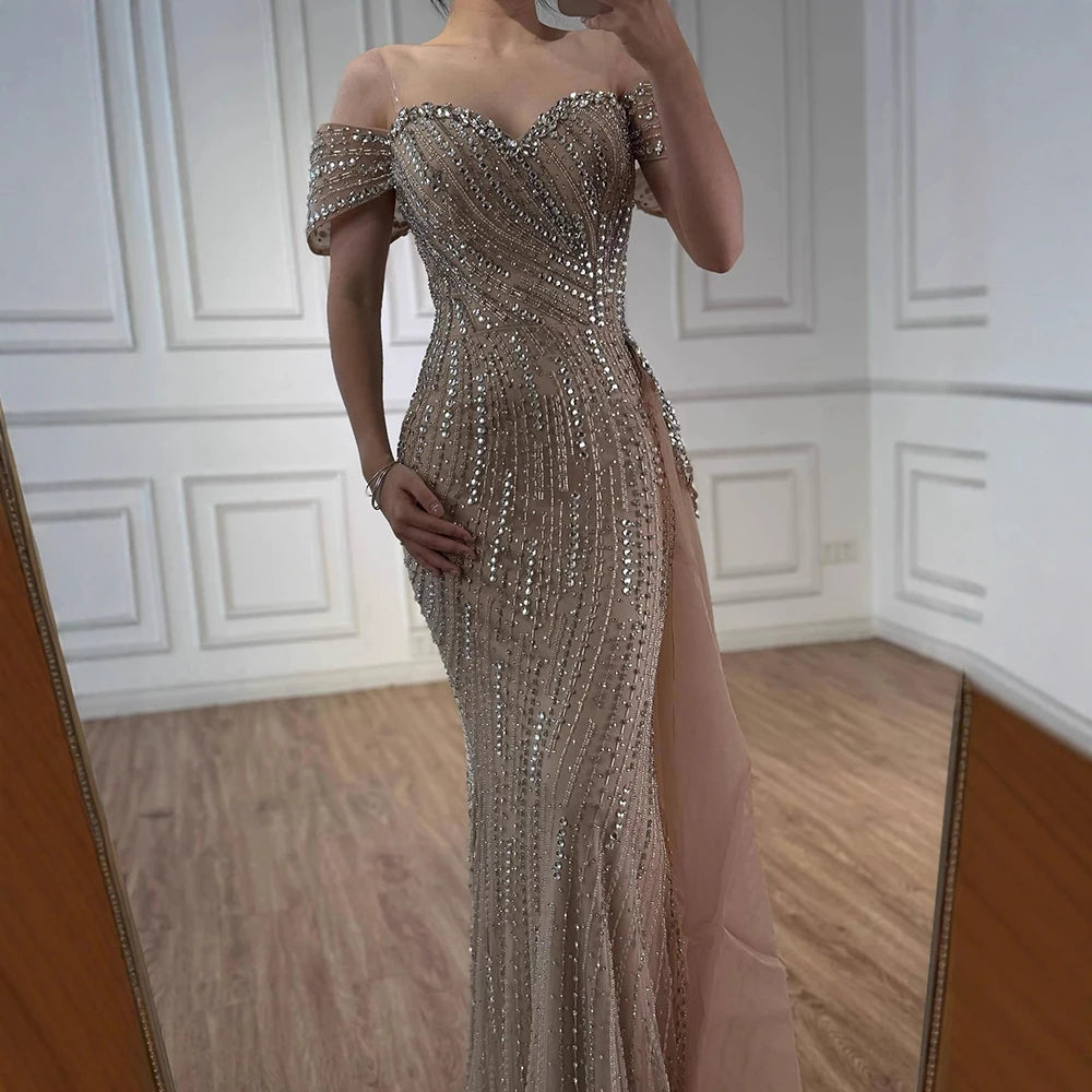 Nude Luxury Beaded Mermaid Evening Dresses With Overskirt Gown For Formal Occasion LA72911