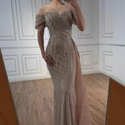 Nude Luxury Beaded Mermaid Evening Dresses With Overskirt Gown For Formal Occasion LA72911