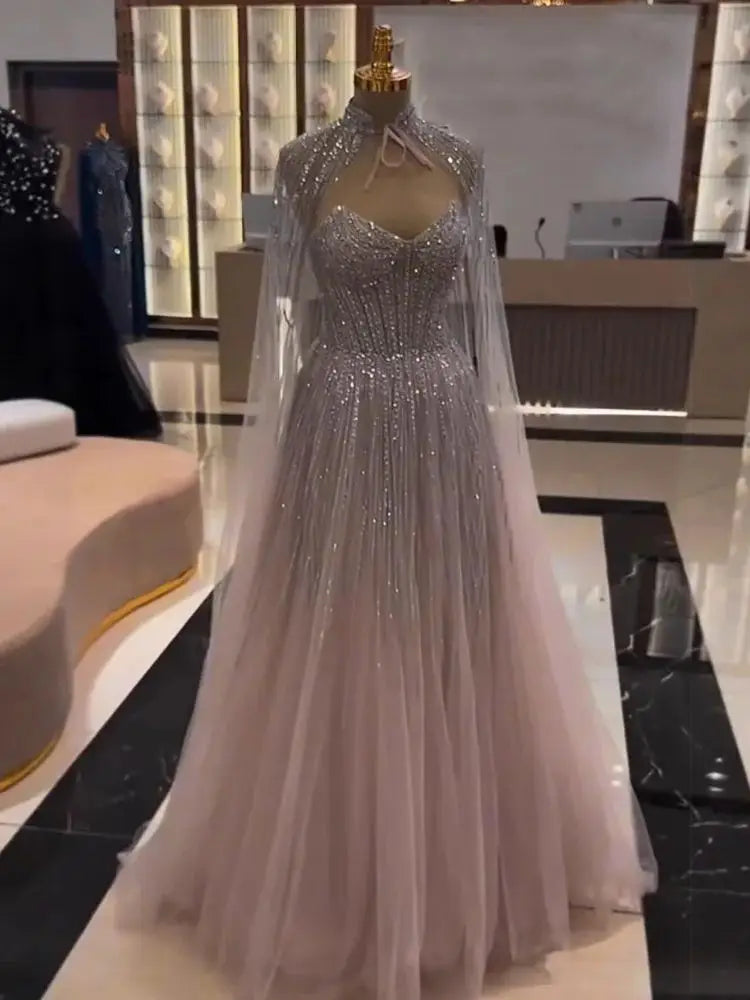 Luxury Pink Strapless Tulle Beaded A-Line Evening Dress LA73104