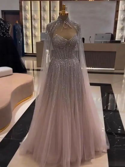Luxury Pink   Tulle Beaded A Line Evening Dress LA73104