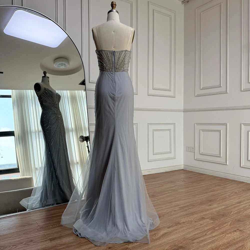 Luxury Nude Beaded Mermaid Evening Dress with Overskirt LA73182