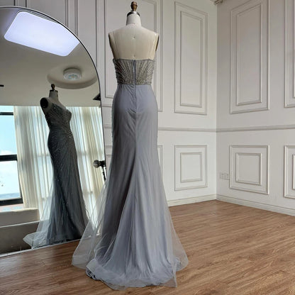 Luxury Nude Beaded Mermaid Evening Dress with Overskirt LA73182