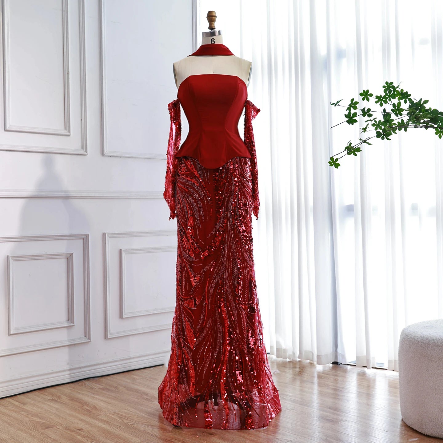 Luxury Wine Red Mermaid Evening Dress With Gloves LA73050E