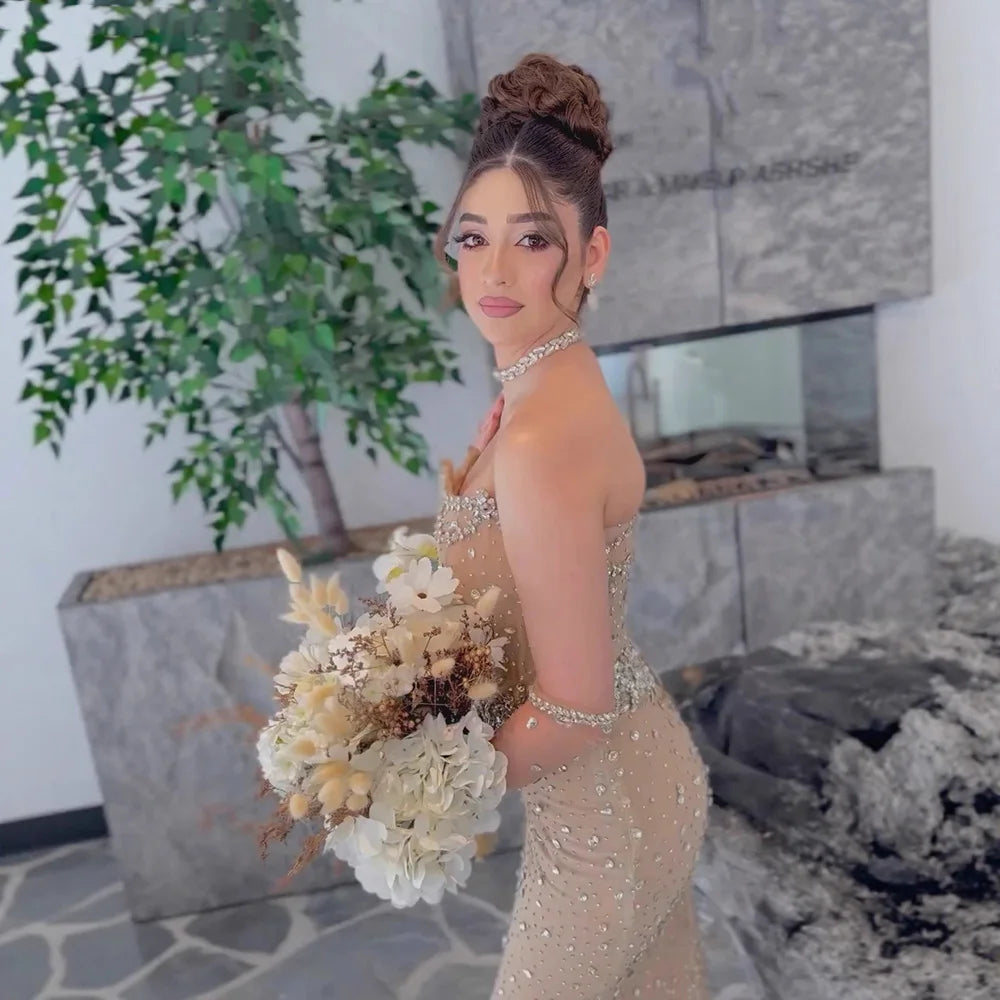 Luxury Nude Strapless Crystal Beaded Mermaid Evening Gown with Gloves LA73138