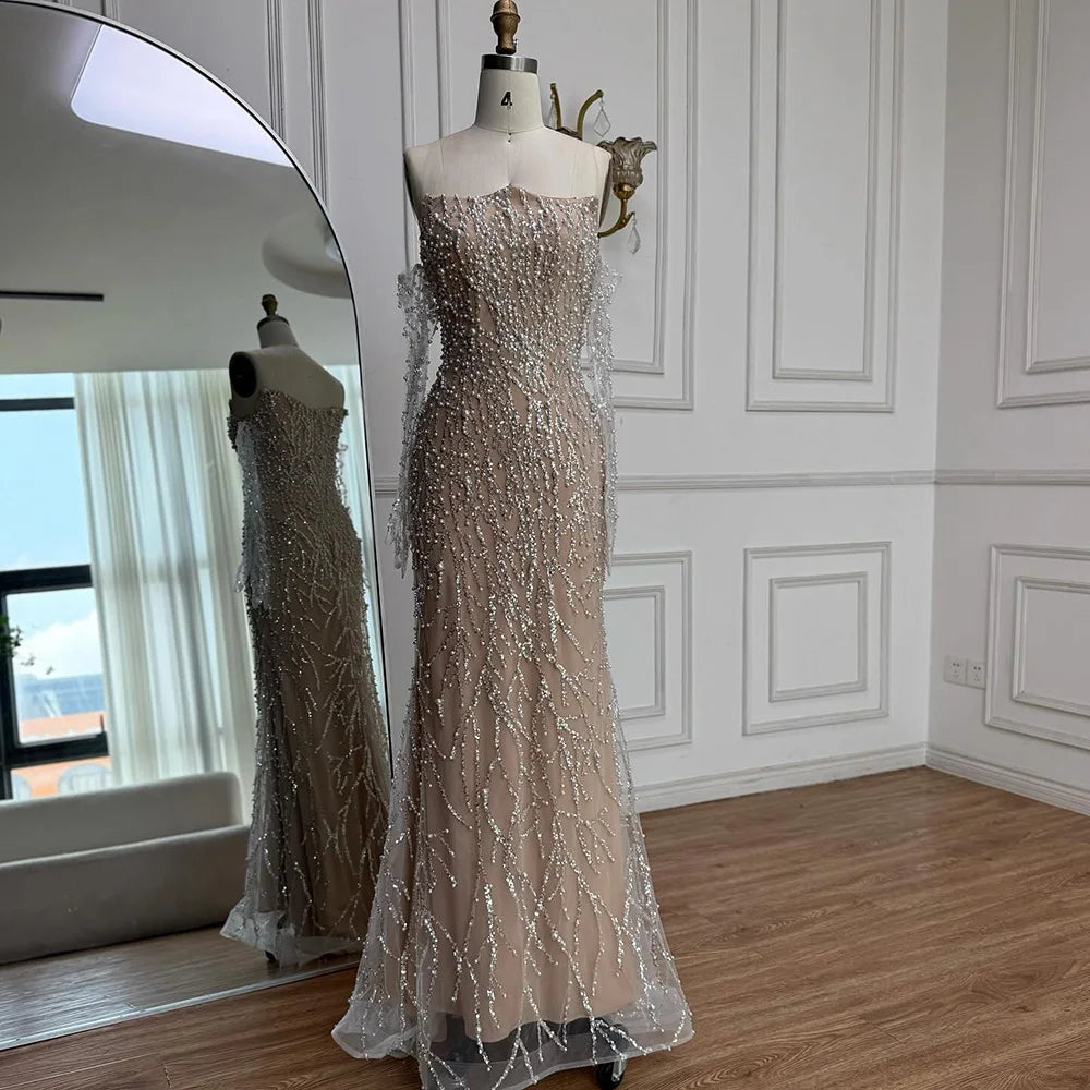 Luxury Nude Strapless Pearl Beaded Mermaid Evening Gown with Gloves LA72345C