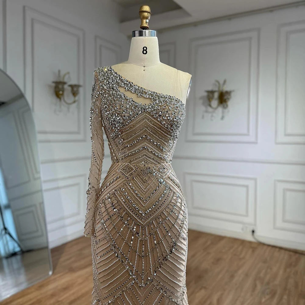 Luxury Nude One Shoulder Long Sleeve Beaded Evening Dress LA73180
