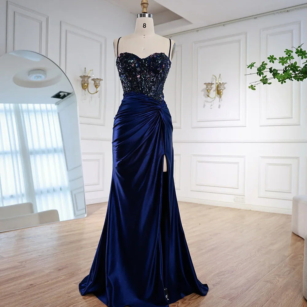 Luxury Light Green Satin Prom Dress with Lace and Slit LA73032A