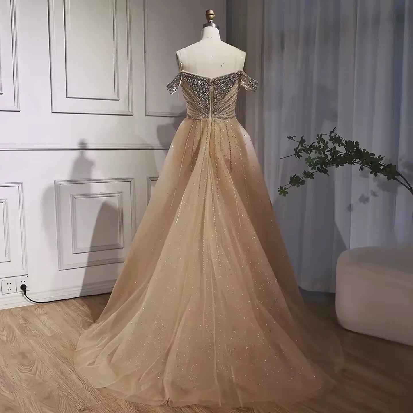Luxury Beaded Nude Off Shoulder Mermaid Evening Dress LA73392