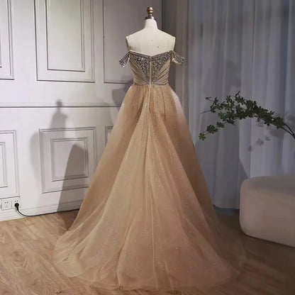 Luxury Beaded Nude Off Shoulder Mermaid Evening Dress LA73392