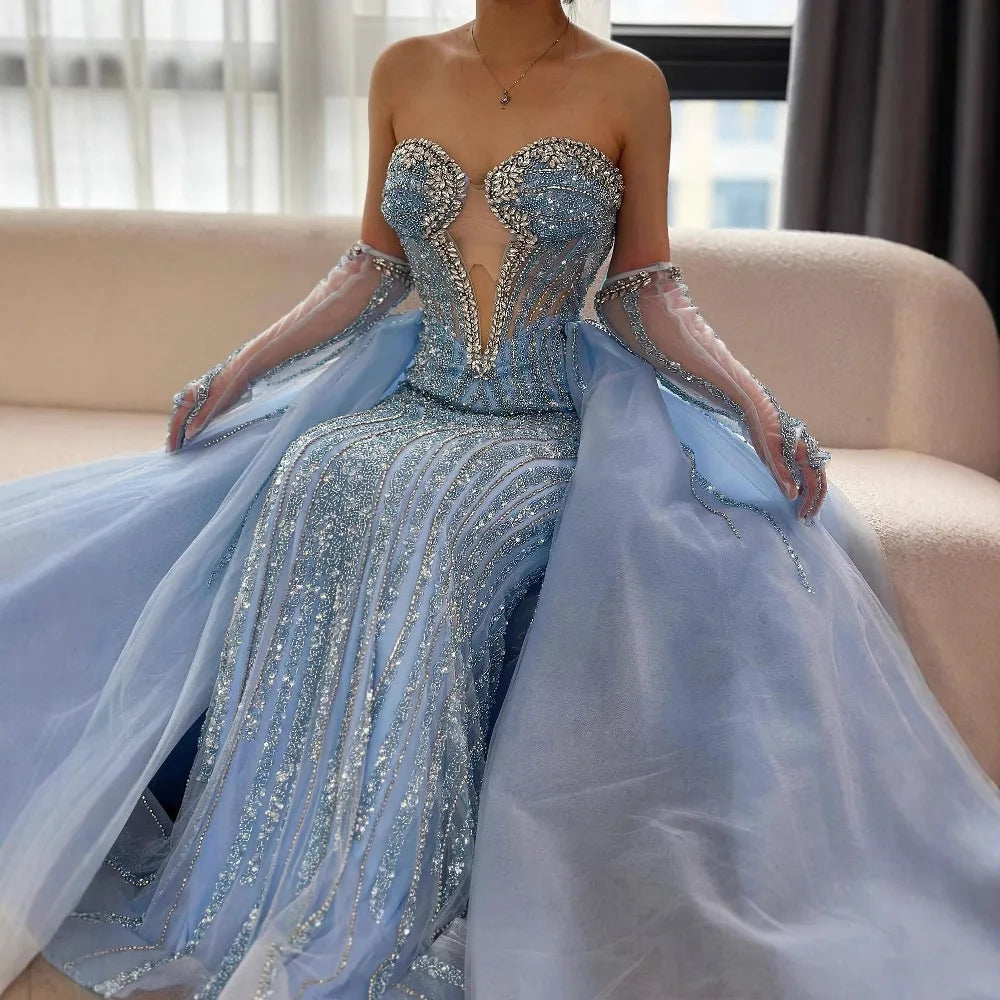 Luxury Blue Mermaid Evening Dress with Gloves and Overskirt LA72582