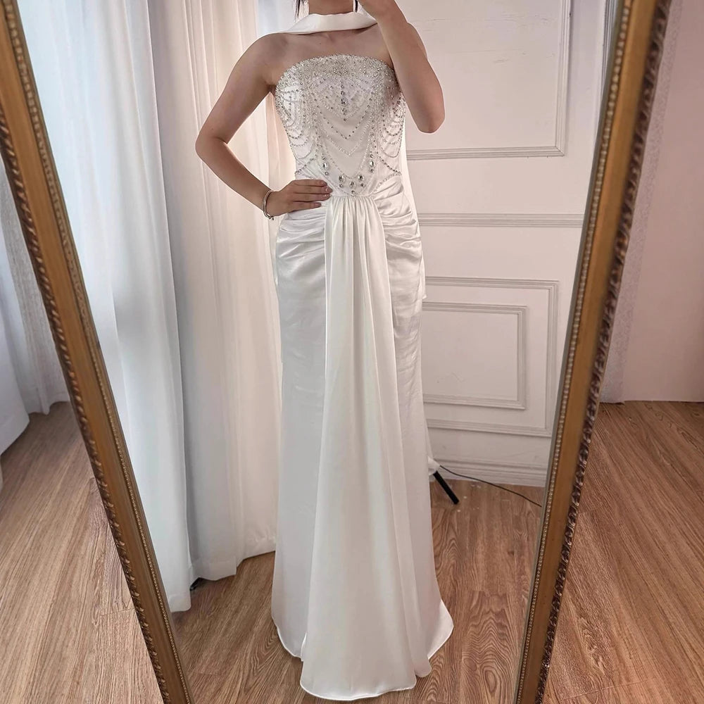 White Strapless Beaded Evening Dress with Gloves LA73086