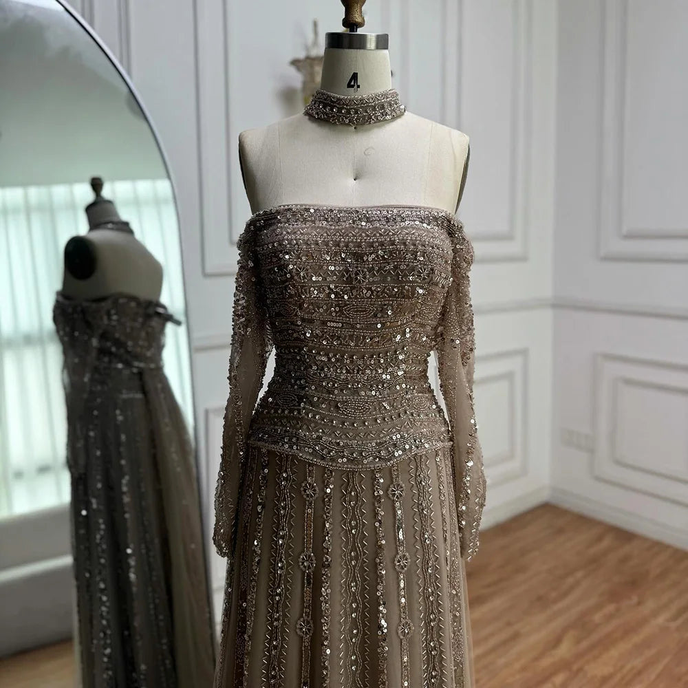 Caramel Off Shoulder Beaded Mermaid Evening Dress Long Sleeves LA73053
