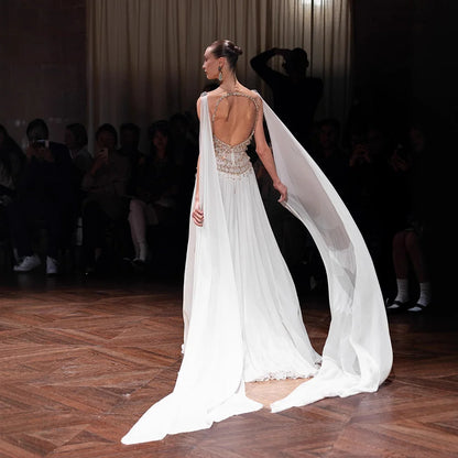Luxury Gray Chiffon Cape Evening Dress with Beaded Bodice LA73123