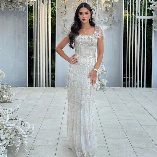 Luxury White Mermaid Square Neck Short Sleeves Evening Dresses LA72714