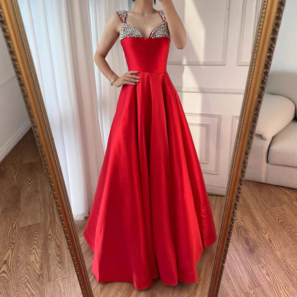 Luxury Red Beaded A-Line Prom Dress with Spaghetti Straps LA73049