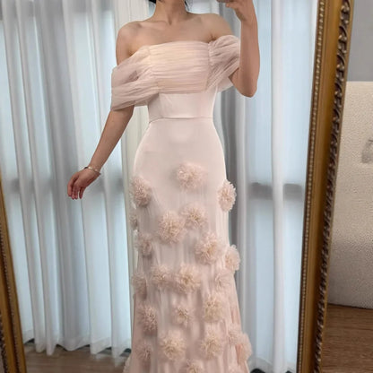 Elegant pink 3D flower off-shoulder evening dress LA72943