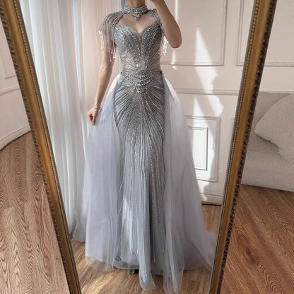 Luxury Nude Beaded Mermaid Evening Dress with Overskirt LA73182