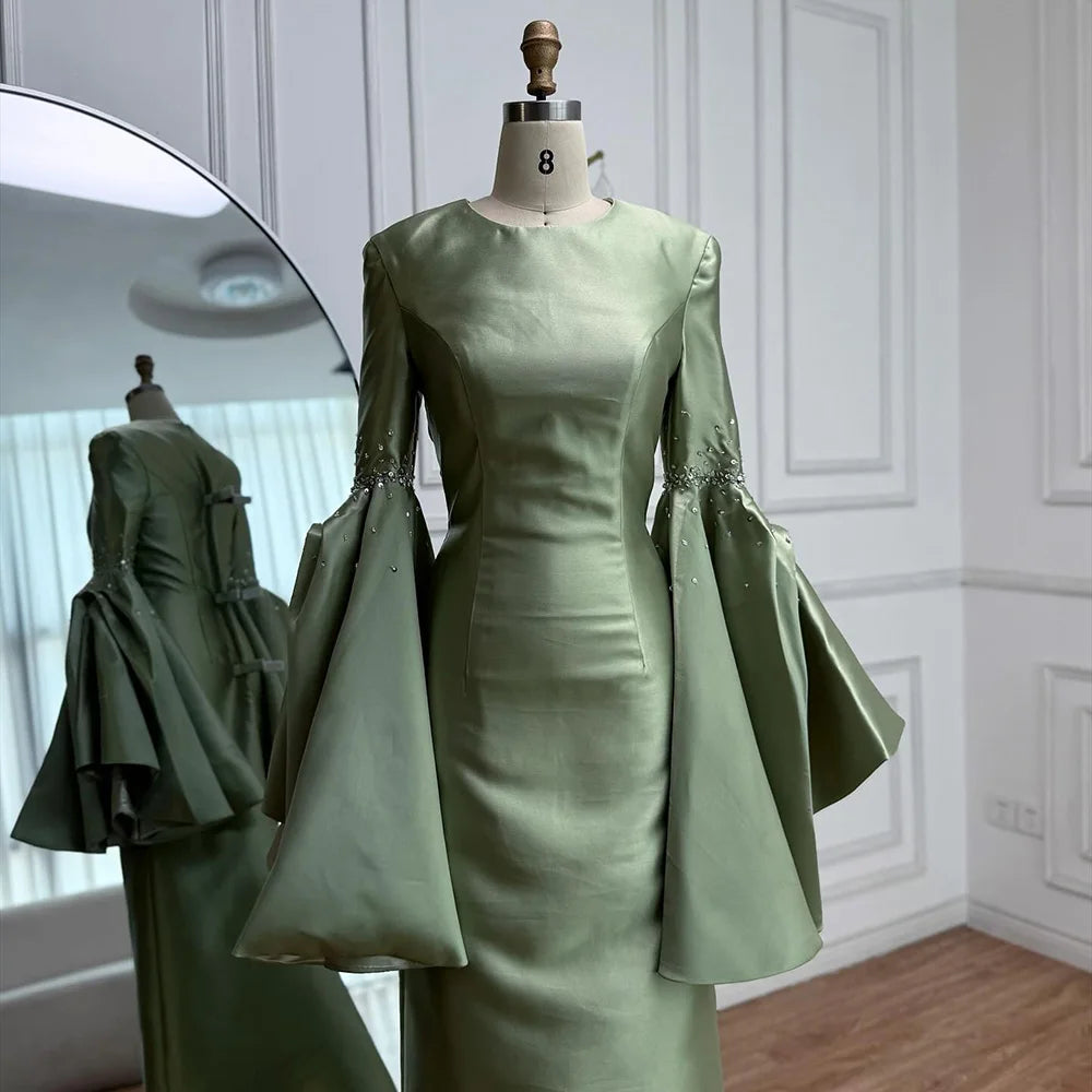 Luxury Sage Green Satin Evening Dress with Bell Sleeves 2025 LA73094