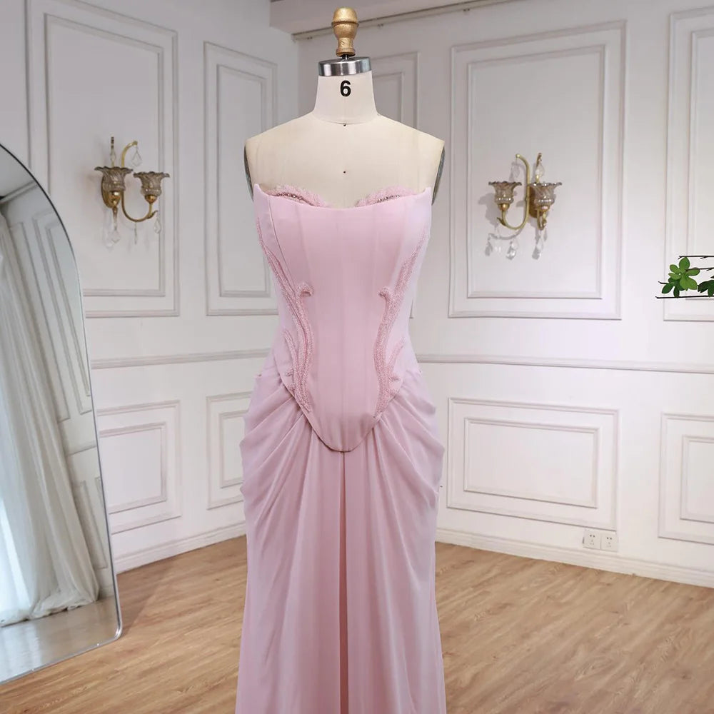Pink Strapless Draped Satin Evening Dress with Rose Neck LA72946