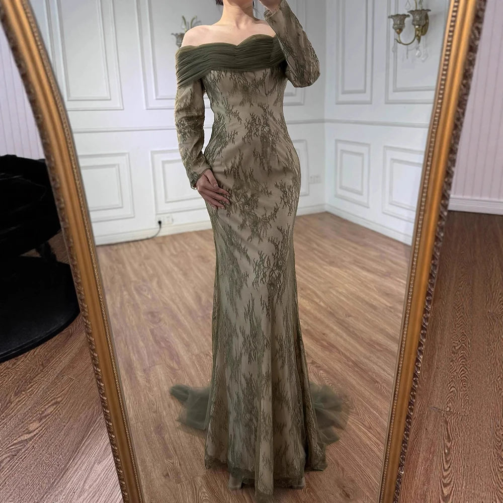 Elegant Olive Green Evening Dress with Lace Sleeves LA72942
