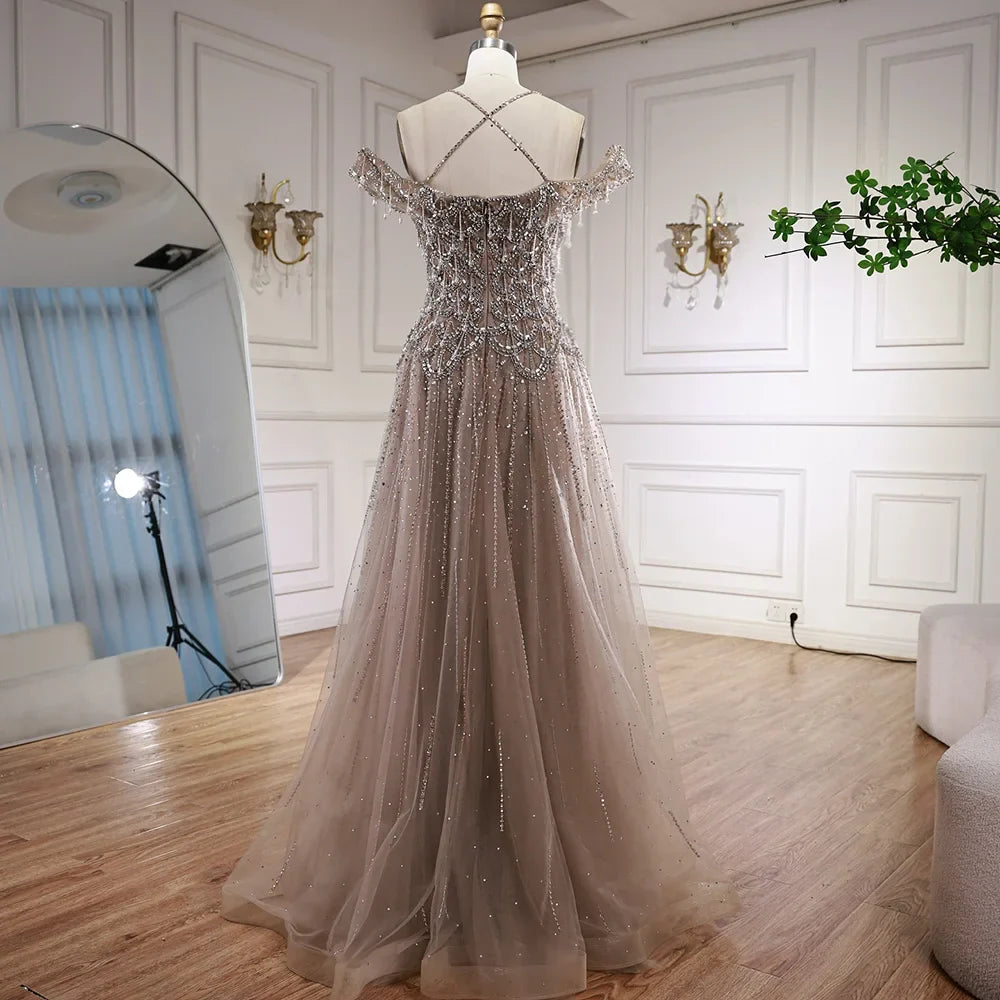 Luxury Arabic Caramel Off Shoulder Beaded A Line Evening Dress LA71606