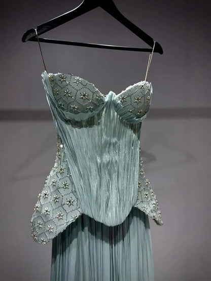 Luxury Sage Green Two Pieces Corset Evening Dress LA73360