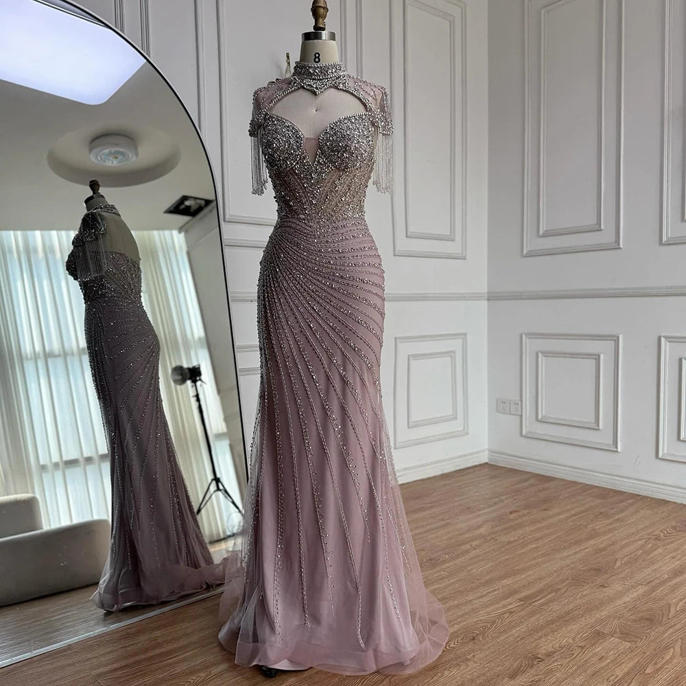 Luxury Pink Beaded Tassel Mermaid Evening Dress Long Gown LA73184
