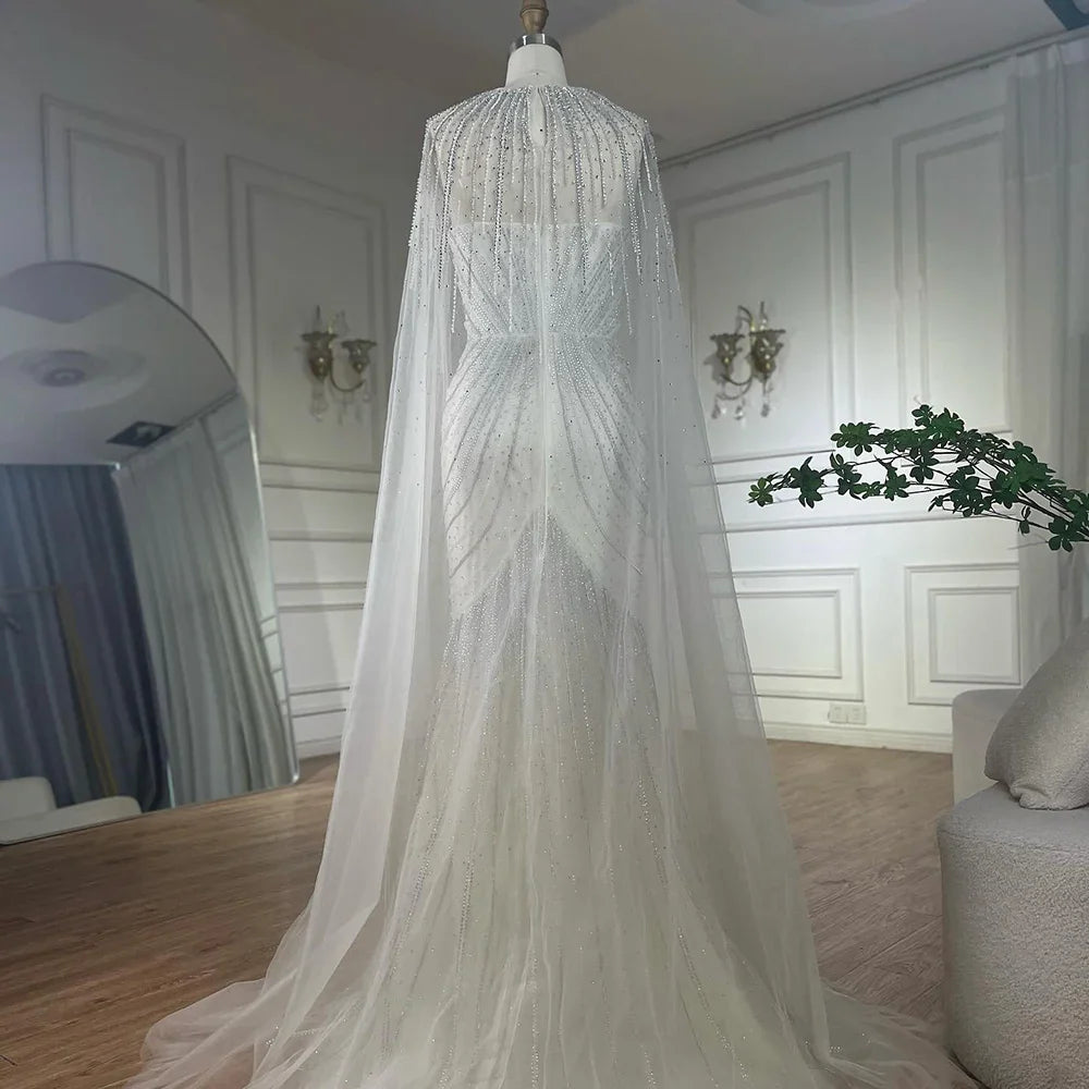 Luxury Blue Beaded Evening Gown with Detachable Cape LA72784
