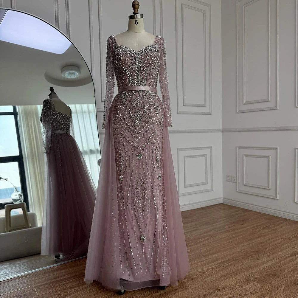 Luxury Nude Beaded Mermaid Evening Dress with Overskirt LA73190