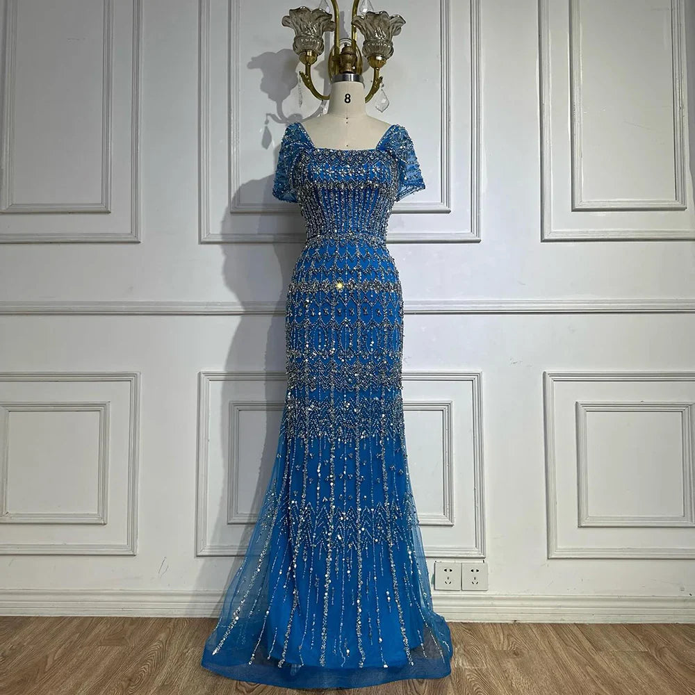 Luxury White Mermaid Square Neck Short Sleeves Evening Dresses LA72714